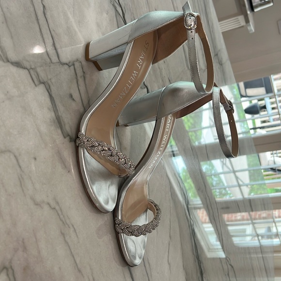 Stuart Weitzman Silver with Sparkly Braid The Nudist Collection Leather Heels - Picture 1 of 5